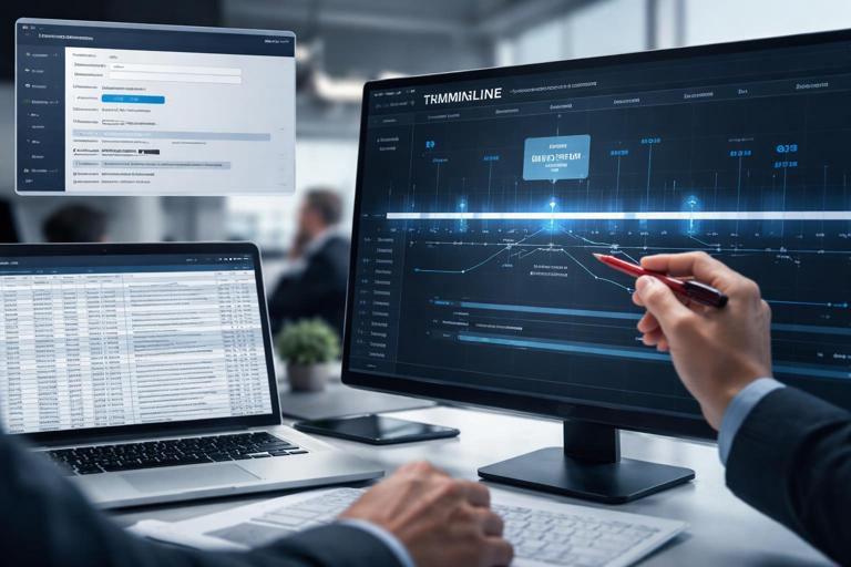 Timeline analysis scene showing multiple timestamp sources: a cloud portal screenshot time zone setting, a UTC log export, and an analyst aligning events on a timeline with DST marker; professional forensic context, realistic, high detail, no text.