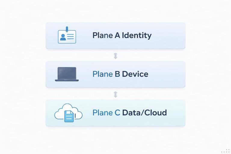 A clean stacked-layer diagram with three horizontal layers labeled Plane A Identity, Plane B Device, Plane C Data/Cloud, with subtle bidirectional arrows between layers. Include small icons: user/ID badge for Identity, laptop for Device, cloud/file for Data/Cloud. Minimalist flat vector style, light background, professional forensic aesthetic, high legibility.