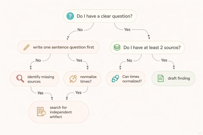 A minimalist decision-tree flowchart on a light background with rounded rectangles and arrows. Nodes: Do I have a clear question? then branches No → write one sentence question first, Yes → Do I have at least 2 sources? then No → identify missing sources, Yes → Are times normalized? then No → normalize times, Yes → Can I corroborate? then No → search for independent artifact, Yes → draft finding. Use simple icons (question mark, database, clock, link, document) and clear typography.