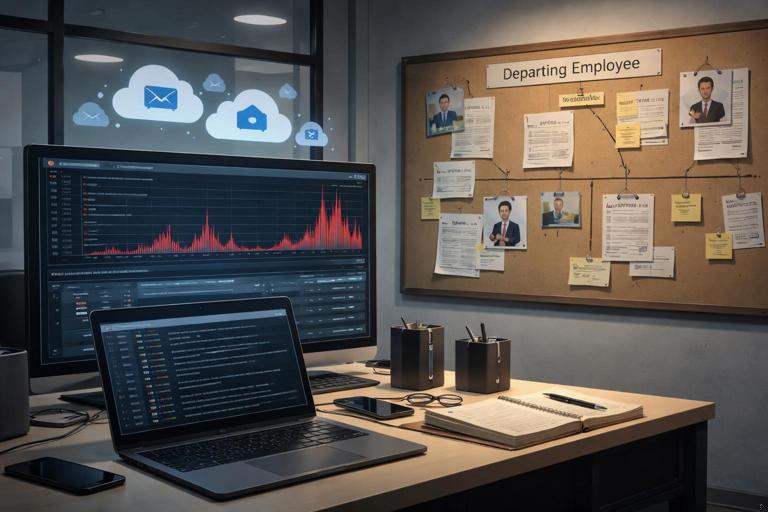 Illustration of a corporate security investigation scene: a Windows laptop on a desk with network traffic graphs spiking on a monitor, Microsoft 365 cloud icons in the background, and a timeline board with notes about a departing employee; realistic, professional, no visible brand logos, muted office lighting.