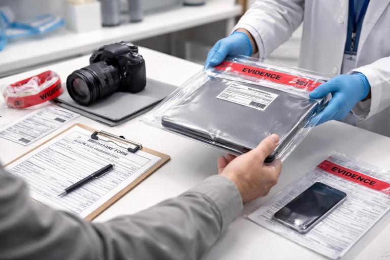 Illustration of a digital forensics evidence intake counter: a clean lab desk with an evidence bag, tamper-evident tape, barcode labels, an evidence intake form on a clipboard, a camera for documentation, and a sealed laptop or phone being handed over by a submitter to a receiving technician. Professional, realistic, well-lit, no visible brand logos, no readable personal data.
