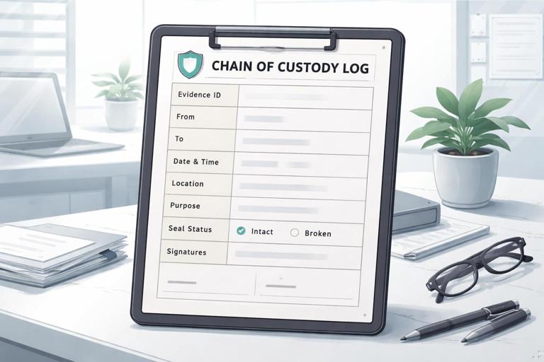 Clean infographic-style illustration of a chain of custody log for digital evidence: a clipboard or digital tablet showing fields like Evidence ID, From, To, Date and time, Location, Purpose, Seal status, Signatures. Minimalist office or lab background, neutral colors, no real names, no readable sensitive data.
