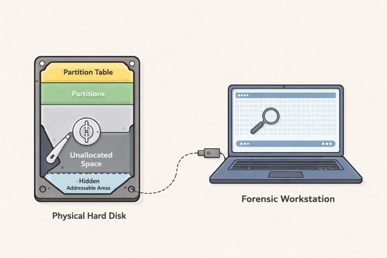 Illustration for a digital forensics textbook showing a physical disk being imaged: a hard drive icon connected to a forensic workstation, with a visual breakdown of captured areas labeled partition table, partitions, unallocated space, and hidden addressable areas; clean flat infographic style, muted professional colors, high readability, no brand logos, no text-heavy elements.