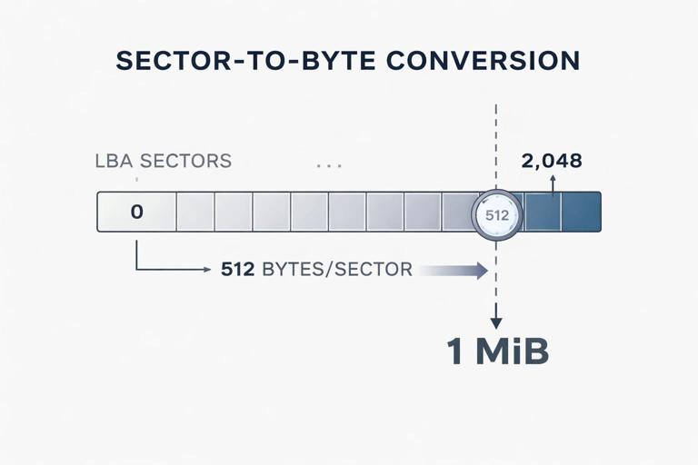 Minimalist infographic showing sector-to-byte conversion: LBA sectors labeled 0..2048, bytes per sector (512) and resulting 1 MiB offset; include a visual alignment marker at 1 MiB boundary; clean vector style, forensic/technical theme, no logos, high contrast, no long text blocks.
