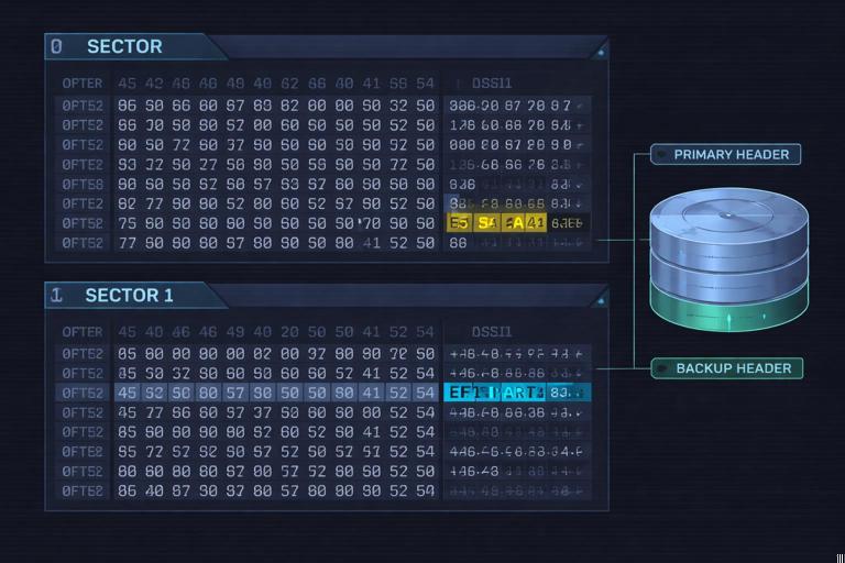 Technical illustration of a hex viewer screen concept: sector 0 with trailing 55 AA signature highlighted, sector 1 with ASCII signature EFI PART highlighted, plus a small disk diagram showing primary header at start and backup header at end; clean vector, cyber-forensics training aesthetic, no real software UI branding, minimal readable labels only.