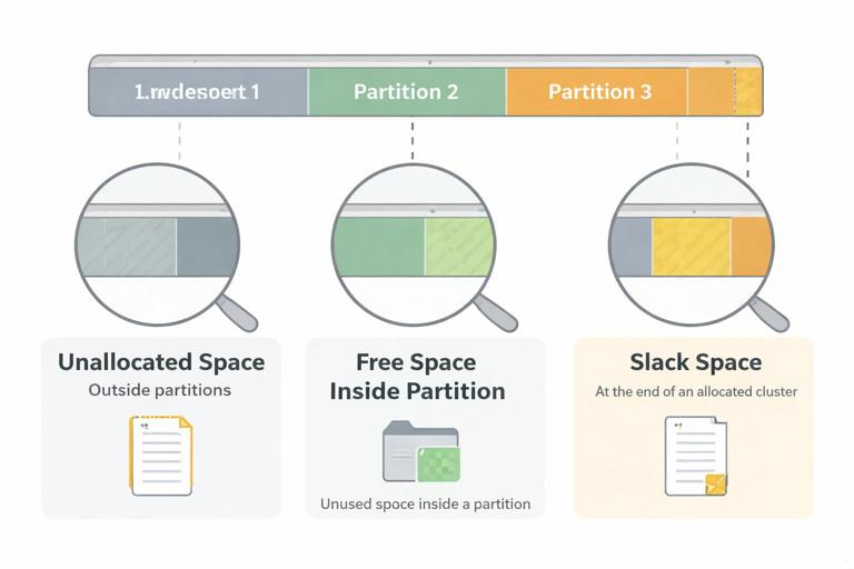 Diagram comparing three storage areas: unallocated space outside partitions, free space inside a partition, and slack space at the end of an allocated cluster; show a disk bar with partitions and highlighted regions; clean educational infographic, neutral colors, clear icons, no brand names.