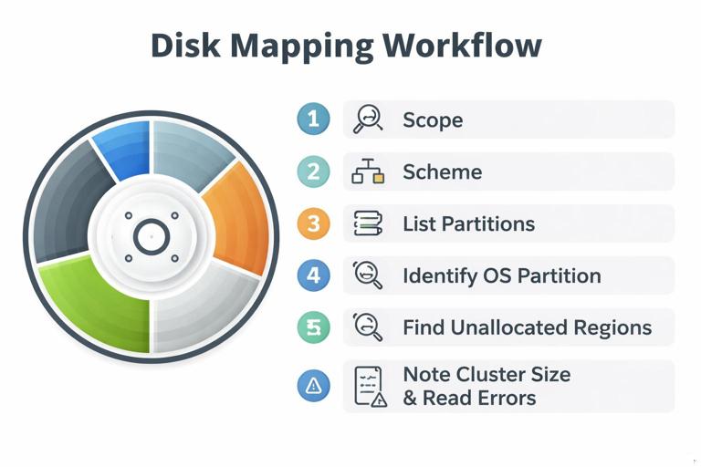 Educational checklist infographic titled conceptually Disk mapping workflow: a disk icon with partition bars and a numbered checklist (scope, scheme, list partitions, identify OS partition, find unallocated regions, note cluster size and read errors); clean vector style, forensic training theme, minimal labels, no logos.
