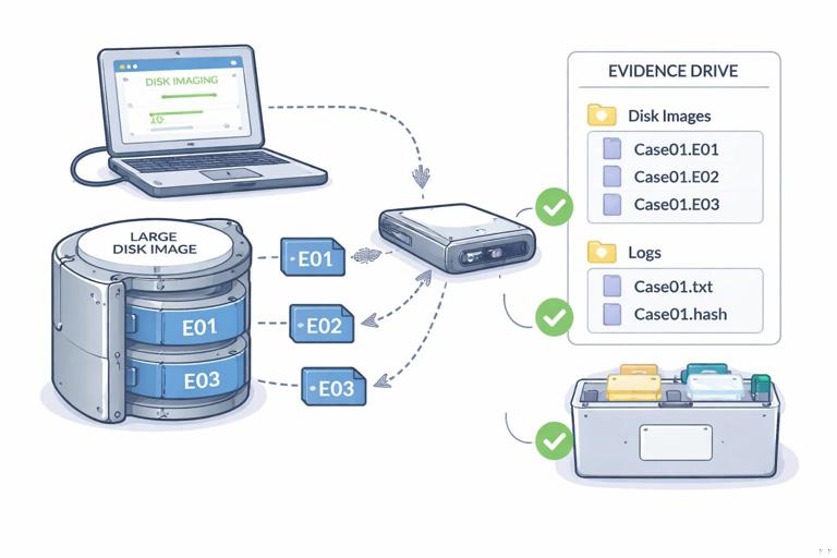 Illustration of a forensic imaging workflow showing a large disk image split into multiple numbered segments (E01, E02, E03) being copied to an external evidence drive, with checksum verification icons and a tidy folder structure for images and logs; clean technical style, neutral colors, no brand logos, high resolution