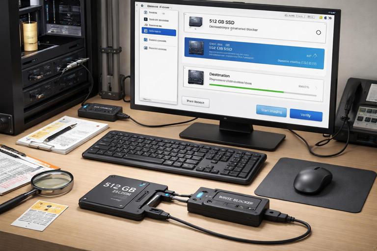 Detailed technical illustration of a forensic workstation running an imaging tool, with an SSD connected via a SATA-to-USB adapter and an inline hardware write blocker, showing a device list and a selected 512 GB SSD; include evidence drive as destination; clean UI-like but generic, no real brand names, high resolution, realistic lighting