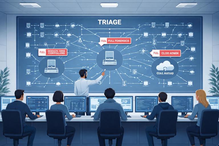 Illustration of an incident response team in a modern SOC war room using a large wall display: a broad network map labeled triage across many endpoints, with a few highlighted critical systems (domain controller, CFO laptop, cloud admin) tagged full forensics; clean flat infographic style, muted blues and grays, high readability, no logos, no text blocks, 16:9.
