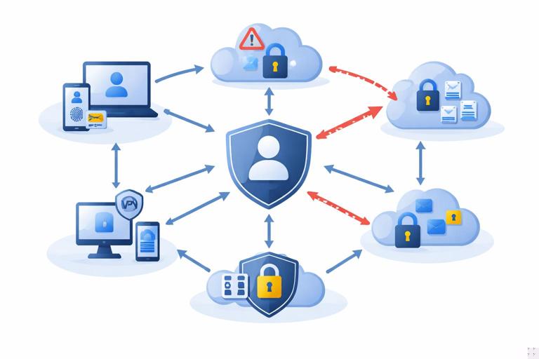 Diagram-style illustration of identity-centric incident reconstruction: user accounts, MFA, tokens, VPN, endpoints, and cloud services connected by arrows showing authentication flows; a highlighted suspicious login path; clean vector cybersecurity style, blue/gray palette, no text labels, 16:9.