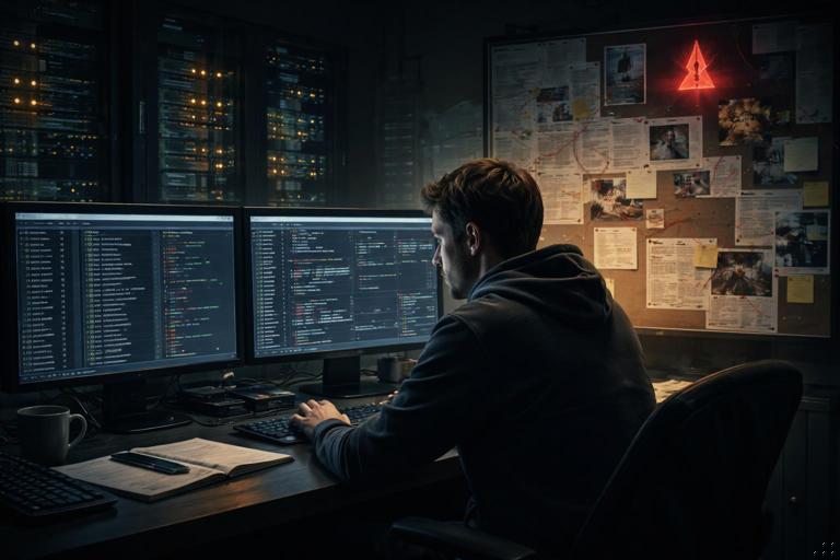 Cinematic but realistic scene of a Windows file server incident investigation: analyst reviewing process list and network connections on monitors, a server rack in background, ransomware warning motif implied (no readable text), evidence board with timeline lines and arrows; realistic digital art, subdued lighting, 16:9.