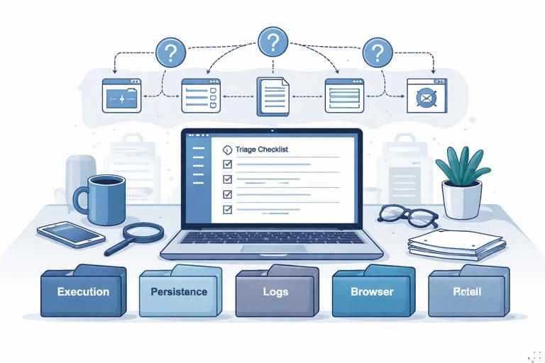 Illustration for a digital forensics playbook page: a clean tabletop scene with a laptop showing a triage checklist, several labeled folders named Execution, Persistence, Logs, Browser, and a flow diagram connecting investigative questions to artifact sets; modern flat design, professional cybersecurity aesthetic, muted blues and grays, high detail, no text.