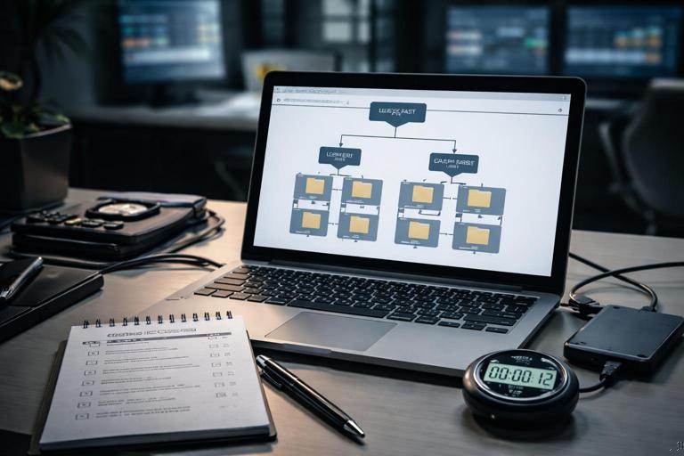 Professional cybersecurity operations scene: an incident responder’s desk with a laptop showing a standardized folder structure diagram CASE/HOST/COLLECTED and CASE/HOST/PARSED, a checklist titled Speed and Consistency, and a stopwatch beside an external drive; realistic lighting, modern office, no readable text, high detail.