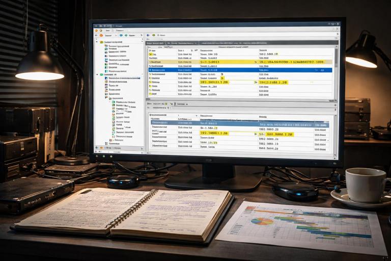 A realistic digital forensics workstation scene showing a Windows Event Viewer interface with Security log entries, highlighted fields for user SID, logon type, source IP, and timestamps; investigator notebook and timeline chart on desk; dim office lighting; high detail; no readable real brand logos; 16:9