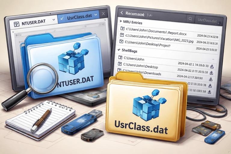 Close-up illustration of Windows Registry hive analysis for digital forensics: NTUSER.DAT and UsrClass.dat shown as labeled files, a forensic tool interface displaying MRU entries and ShellBag paths with timestamps; neutral background; high detail; 16:9