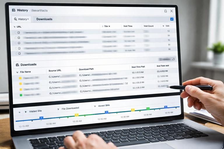 Digital forensics analysis of web browser artifacts: a forensic tool window showing SQLite tables for history and downloads, file paths under a Windows user profile, timestamps and URLs blurred; investigator correlating events on a timeline; clean modern style; high detail; 16:9