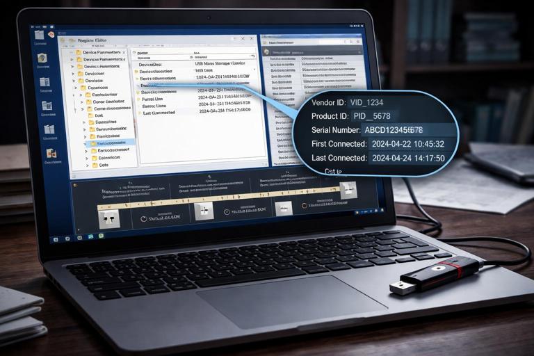 Forensic depiction of a USB investigation: a Windows laptop with a connected USB flash drive, on-screen registry and event log entries showing device vendor ID, product ID, serial number, first and last connected times; a timeline graphic linking to LNK volume serial numbers; realistic lighting; 16:9