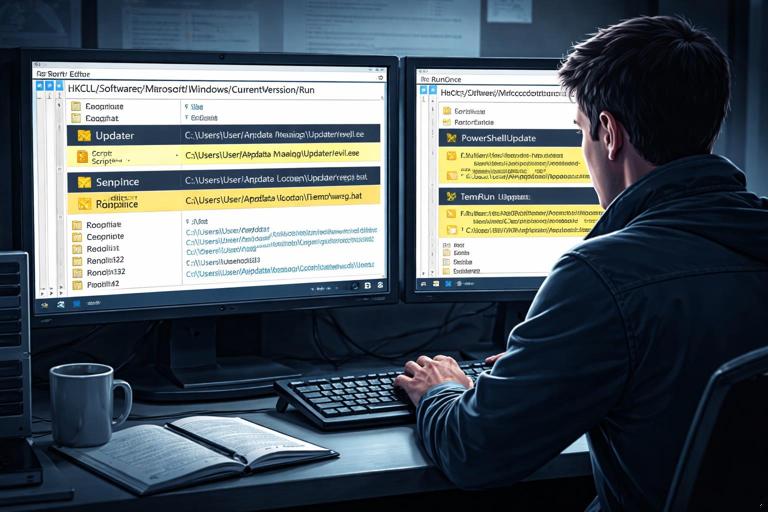 Illustration of a Windows forensics analyst viewing Registry Run and RunOnce persistence keys in a hex/registry viewer, with highlighted suspicious entries pointing to user-writable AppData paths and LOLBins like powershell.exe and rundll32.exe; clean technical style, realistic workstation scene, no brand logos, readable but generic key paths.