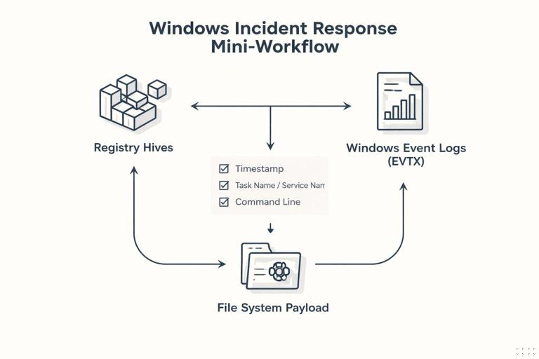 Diagram-style illustration of a Windows incident response mini-workflow linking three nodes: Registry hives, Windows Event Logs (EVTX), and File System payload, with arrows showing correlation by timestamp and identifiers (task name, service name, command line); clean infographic, dark-on-light, no brand logos.