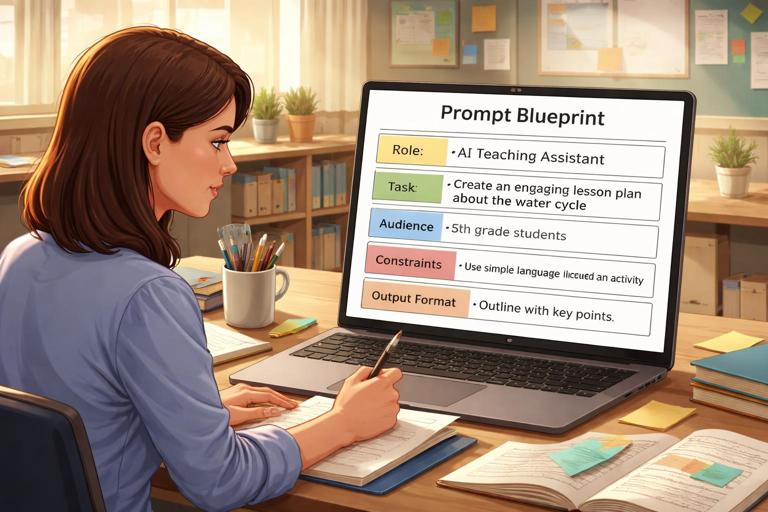 Illustration of a teacher at a desk turning a simple lesson plan into a structured prompt blueprint for an AI assistant on a laptop screen, showing labeled sections like Role, Task, Audience, Constraints, Output format, in a clean modern classroom setting, warm lighting, professional educational style