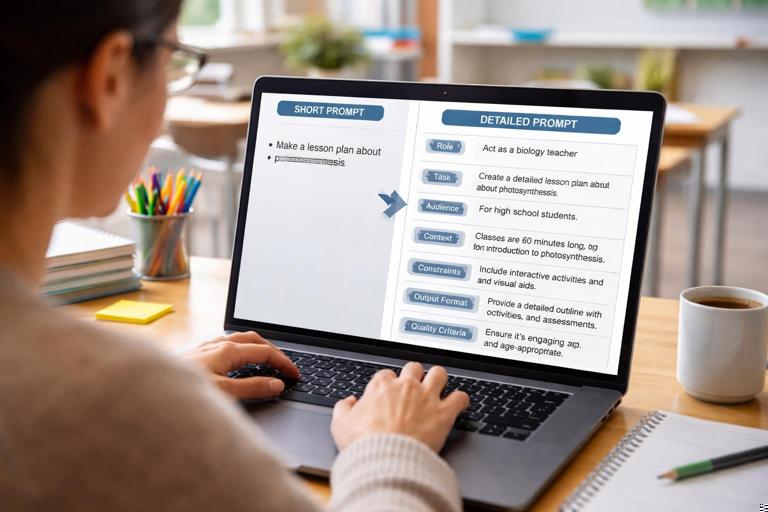 Over-the-shoulder view of an educator editing an AI prompt on a laptop, showing a transformation from a short vague prompt to a detailed structured prompt with headings like Role, Task, Audience, Context, Constraints, Output format, Quality criteria, in a classroom or teacher workspace, clean infographic feel, realistic style