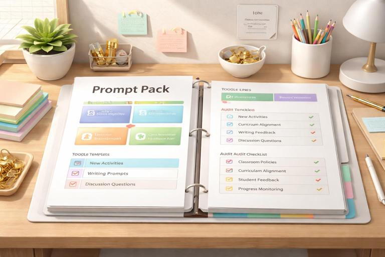 A neat teacher planning workspace with a binder or digital dashboard labeled Prompt Pack, showing reusable templates, toggle lines, and an audit checklist, organized color-coded sections, classroom stationery, calm professional look, realistic illustration