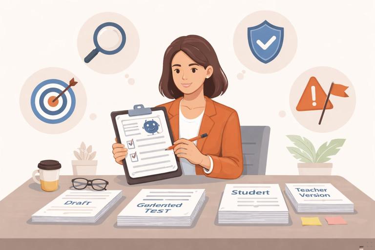Illustration of an educator reviewing an AI-generated test using a quality-control checklist; icons for magnifying glass, shield, target, and warning flags; a clean desk with papers labeled draft, student version, teacher version; modern flat vector style, neutral colors, high readability, no text.