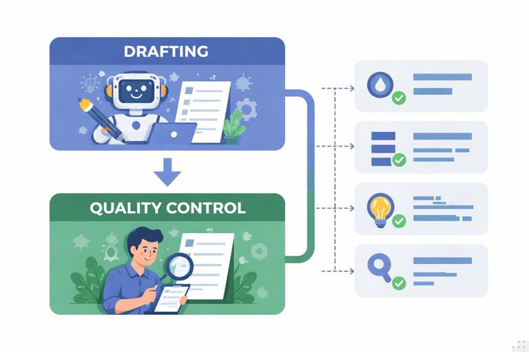 Flowchart showing two phases: Drafting then Quality Control; arrows from AI drafting to human review; checklist icons labeled leakage scan, alignment check, distractor audit, key verification; clean professional infographic style, flat design, no text.