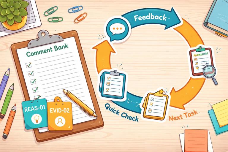 Illustration of a teacher workflow for scaled feedback: a clipboard labeled Comment Bank, colored tags labeled REAS-01 and EVID-02, and a looping arrow showing Feedback to Student Action to Quick Check to Next Task; clean flat vector style, classroom desk background, no text on the image.