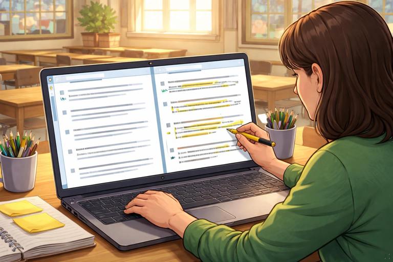 Scene of a teacher editing AI-generated feedback comments on a laptop: left side shows a list of draft comments, right side shows edited versions with highlighted changes; warm classroom setting, realistic but clean illustration, no readable text on screen.