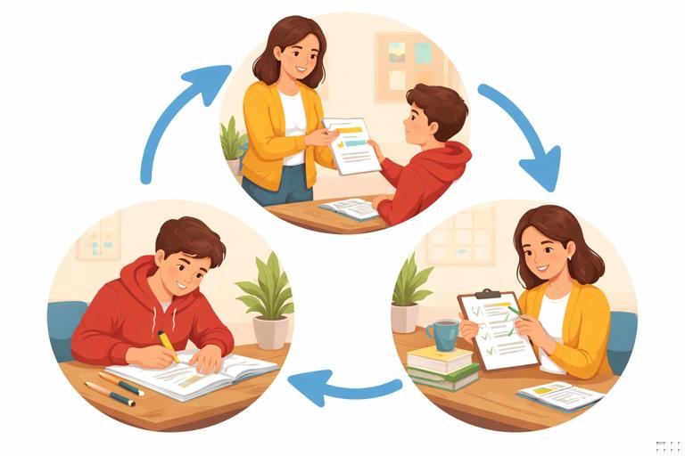 Classroom scene showing a simple feedback loop: teacher hands a paper with one highlighted note, student revises a sentence with a highlighter, teacher does a quick check with a checklist; clear circular flow, modern flat illustration, no text.
