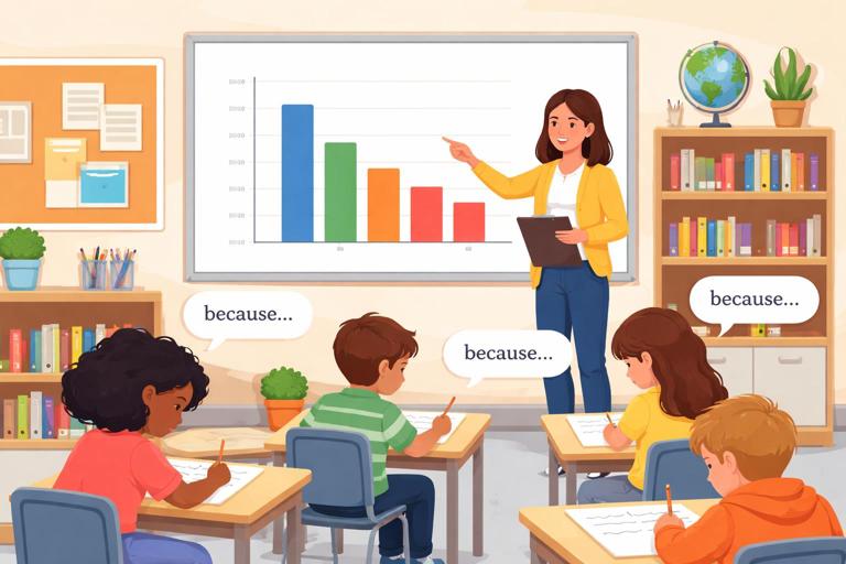 Infographic-style classroom data view: a simple bar chart of tag frequencies with REAS-01 highest, teacher pointing at the chart while students practice writing a because sentence; clean modern vector illustration, no readable labels.