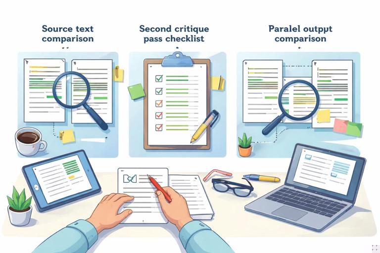 Visual of a document being reviewed with three cross-check methods shown side-by-side: source text comparison, a second critique pass checklist, and a parallel output comparison; educator hands with pen and laptop, clean infographic style, no text.
