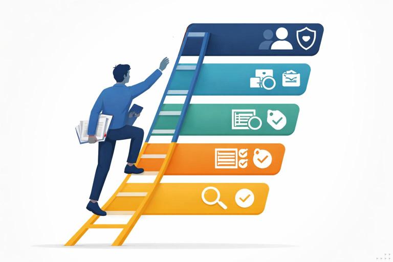 Infographic-style ladder with five rungs labeled as verification levels (quick scan, evidence tags, sourcing table, cross-checks, human verification); educator silhouette climbing the ladder with documents and checkmarks; clean minimal design, no readable text.