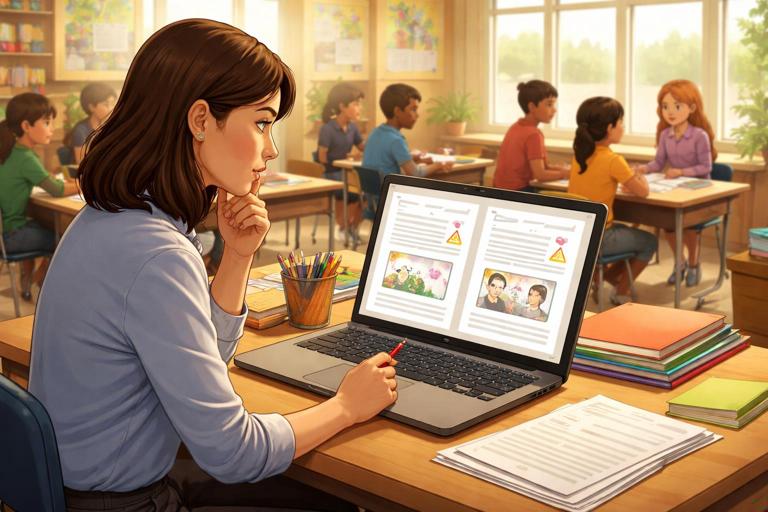 Illustration of a classroom teacher reviewing AI-generated worksheet examples on a laptop, with subtle warning icons highlighting biased phrases like exoticizing cultures and assumptions about family structure; diverse students in background; warm, realistic, school setting; non-branded, no readable text.