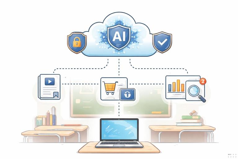 Illustration of digital data flowing from a classroom laptop to a cloud AI service, then branching to third-party services; simple infographic style, privacy-themed icons (lock, shield), neutral colors, modern flat design, no text