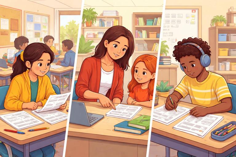 Split-scene classroom illustration showing three alternatives: students peer reviewing papers, teacher conferencing with a student, and a student using printed practice sheets; inclusive diverse students, warm classroom setting, modern flat illustration, no text