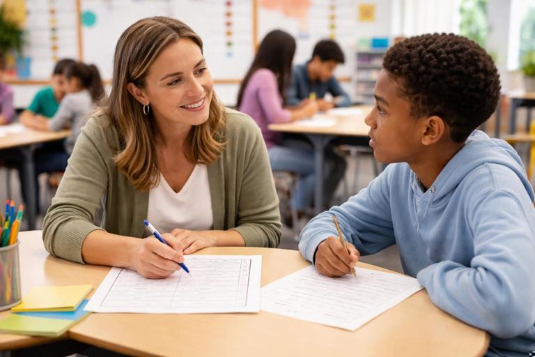 A teacher calmly conferencing with a student at a desk, with a simple reflection sheet and draft paper visible; supportive, restorative classroom atmosphere, diverse students in background, realistic photo style, no readable text