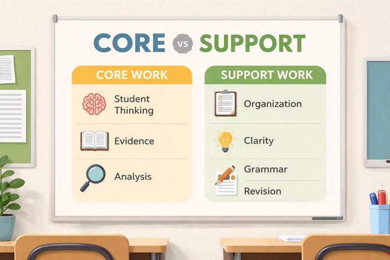 A clean classroom infographic poster titled Core vs Support, showing two columns: Core Work (student thinking, evidence, analysis) and Support Work (organization, clarity, grammar, revision). Include small icons like a brain, book, pencil, and checklist. Modern flat design, high readability, neutral colors, no brand logos.
