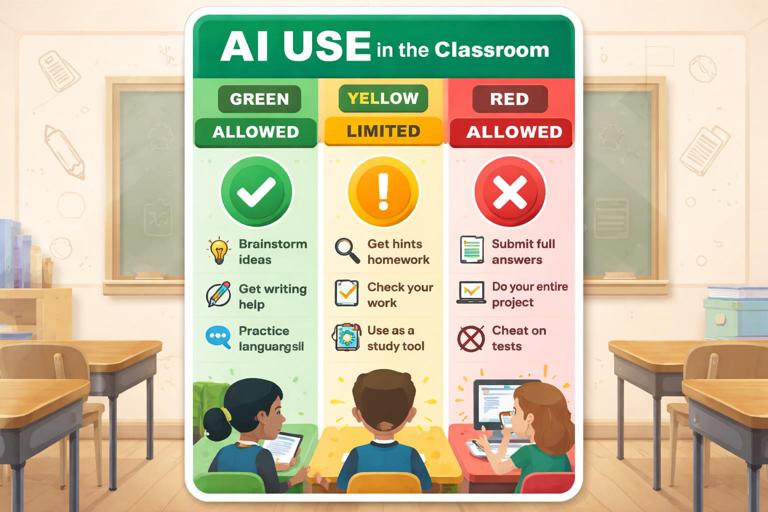 A simple traffic light classroom poster about AI use: three vertical sections labeled Green Allowed, Yellow Limited, Red Not Allowed, with short bullet examples and icons. Clean flat vector style, high contrast, readable typography, school setting background subtle, no brand logos.