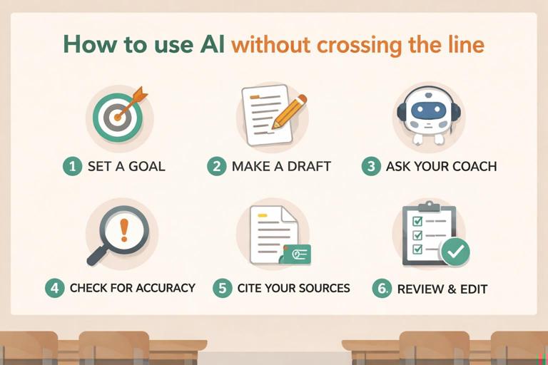A step-by-step classroom checklist illustration titled How to use AI without crossing the line, showing six numbered steps with simple icons (target, draft, coach, magnifying glass, document, checkmark). Minimal flat vector style, clean layout, neutral classroom colors, no brand logos.