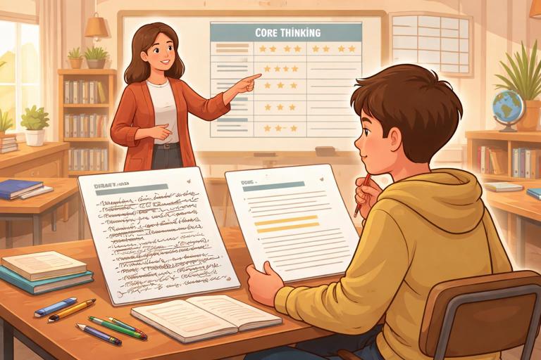 A classroom scene illustration showing a student comparing two drafts on a desk: a messy student draft and a polished AI-looking draft, with a teacher pointing to a rubric labeled Core Thinking. Emphasize authorship and revision process. Semi-flat vector style, warm classroom lighting, no logos, no text-heavy elements.