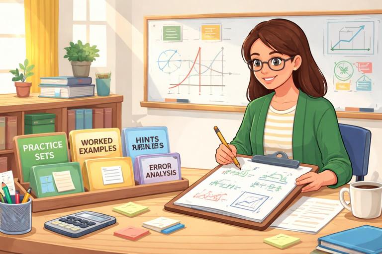 Illustration of a math teacher planning lessons with a reusable toolkit: a desk with neatly labeled prompt cards for practice sets, worked examples, hints, and error analysis; algebra symbols, graphs, and checkmarks on a clipboard; clean classroom style, warm lighting, modern flat illustration, high resolution.