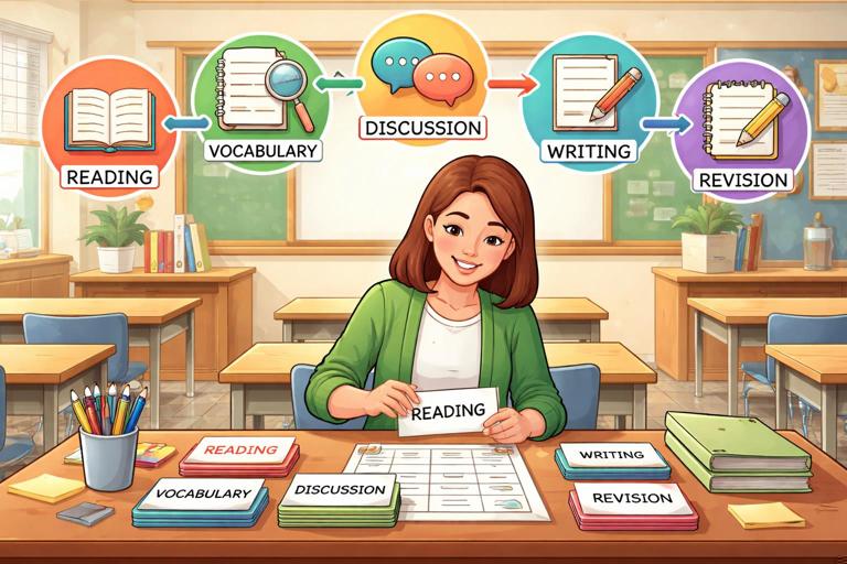 Illustration of a teacher at a desk organizing labeled prompt cards and a lesson plan, with icons for reading, vocabulary, discussion, writing, and revision connected by arrows; classroom setting, clean educational infographic style, warm lighting, high resolution.