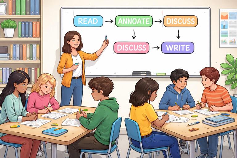 Classroom planning scene: a teacher arranging a sequence on a whiteboard labeled Read, Annotate, Discuss, Write, with arrows linking steps; students in small groups with papers and highlighters; clean, modern educational illustration, soft colors, high detail.