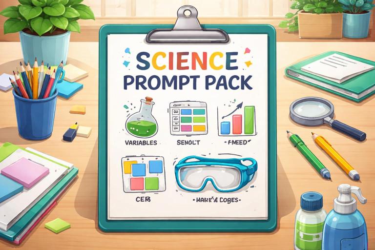 Illustration of a teacher-designed science prompt toolkit: a clipboard labeled Science Prompt Pack with icons for variables, data table, graph, CER frame, and safety goggles; clean classroom desk setting; flat modern educational style; high clarity; no text in the image.