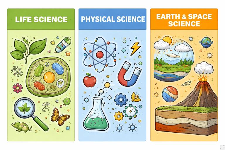 Three-panel classroom infographic style illustration showing science domain prompt packs: Life Science (cell and ecosystem icons), Physical Science (forces and particles icons), Earth and Space Science (water cycle and layered rocks icons); clean vector style; bright but professional colors; no text in the image.