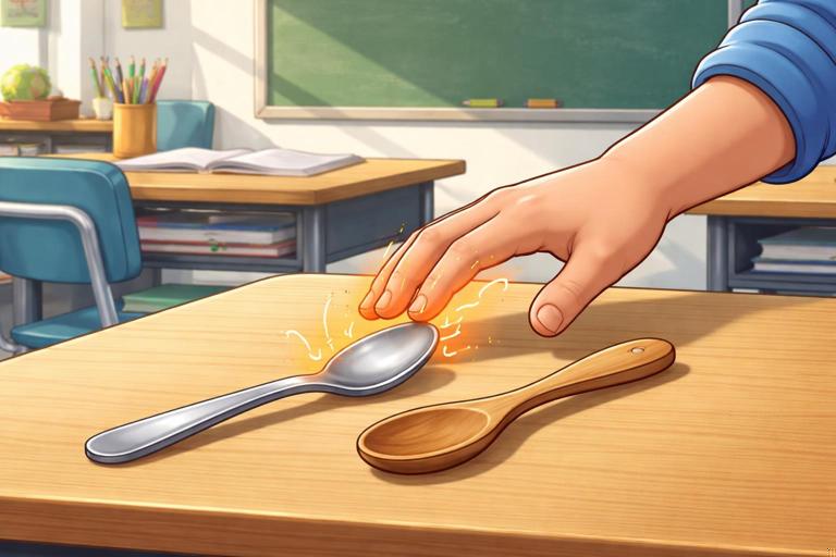 Middle-school thermal energy phenomenon scene: two spoons (metal and wood) on a desk, student hand reaching to touch them, subtle visual cues of energy transfer arrows from hand to metal spoon; classroom background; realistic but simplified educational illustration; no text.