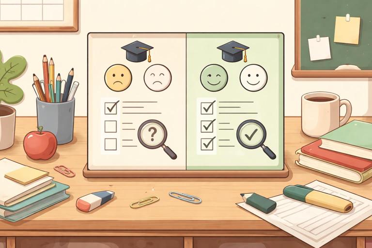 Illustration of a split comparison chart labeled Weak vs Strong prompts on a teacher's desk, with simple icons (teacher hat, checklist, magnifying glass) showing role clarity; clean flat design, classroom stationery, warm neutral palette, no text in the image.